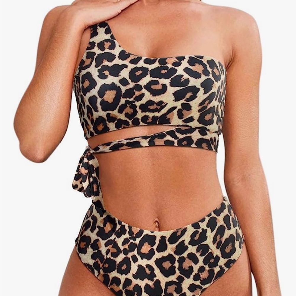 Leopard Print One Shoulder High Waisted Bikini Tie High Cut Two Piece